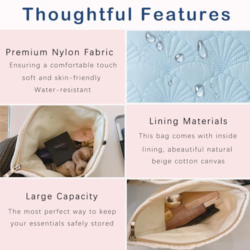 RSRSLEII Quilted Cotton Coquette Makeup bag, Coastal Granddaughter Aesthetic Cosmetic Bag, Cute Seashell Portable Travel Toiletry Pouch (11 Light Blue) - color: 11 Light Blue