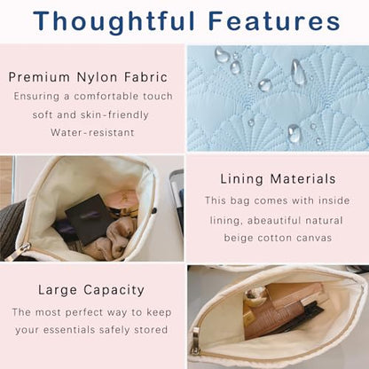 RSRSLEII Quilted Cotton Coquette Makeup bag, Coastal Granddaughter Aesthetic Cosmetic Bag, Cute Seashell Portable Travel Toiletry Pouch (11 Light Blue) - color: 11 Light Blue