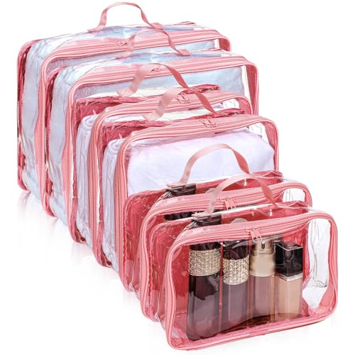 Hillban 6 Pcs Pink Large Clear Travel Packing Cube 3 Sizes See Through PVC Organizer for Suitcase Multipurpose Pouch with Handle Vinyl Zippered Storage Bags Luggage Cube Organizer - color: Pink