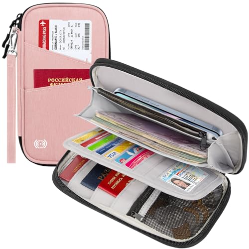 BKNOOU Family Passport Holder RFID Blocking Travel Document Organizer | Large Capacity (5 passports+13 cards), RFID Blocking, Air Travel Essentials, Detachable Wrist Strap and Shoulder Strap - color: 07 Pink