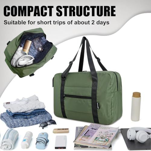 Small Duffle Bag for Men Women, Mini Gym Bag Foldable Travel Tote Carry On Luggage with Trolley Sleeve, Army Green - color: Army green, size: 23L