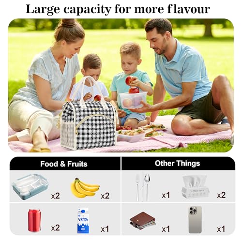 LOKASS Insulated Lunch Bag Women- Reusable 10 L Lunch Box for Women - Leakproof Tote Cooler Bag for Adults Work, Beach, Travel, Picnic （Black&White Diamond Grid） - color: Black Check