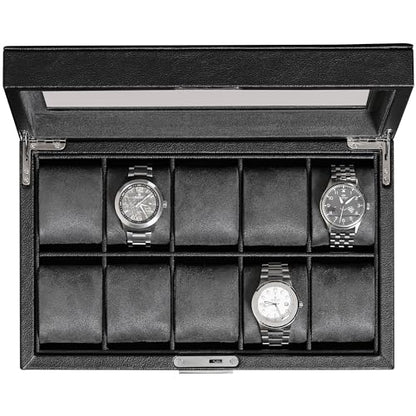 ROTHWELL 10 Slot Leather Watch Box - Luxury Case Display Jewelry Organizer - Locking Watch Display Case Holder with Large Glass Top - Box Organizer for Men and Women (Black/Grey) - color: Black / Grey