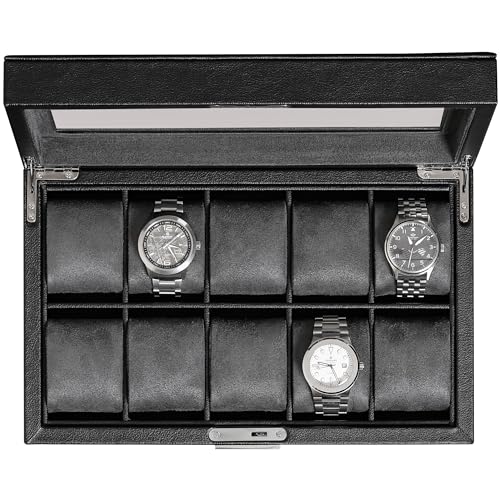 ROTHWELL 10 Slot Leather Watch Box - Luxury Case Display Jewelry Organizer - Locking Watch Display Case Holder with Large Glass Top - Box Organizer for Men and Women (Black/Grey) - color: Black / Grey