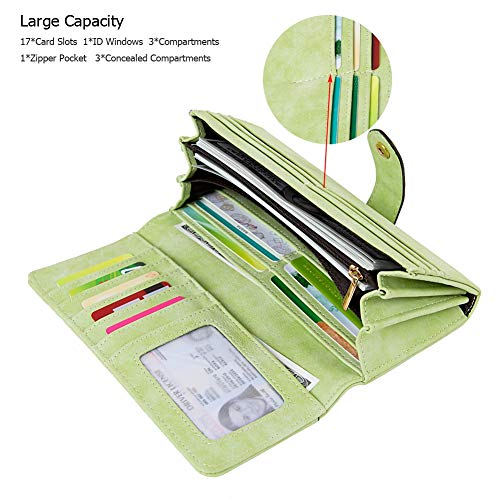 Women's Vegan Leather 17 Card Slots Card Holder Long Big Bifold Wallet - color: Light Green