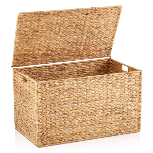 Wonderjune 30 x 17.5 x 17.5 Inch Water Hyacinth Wicker Storage Trunk with Metal Frame, Heavy Duty Storage Chest with Lid Large Rattan Basket for Blankets, Seasonal Clothes, Extra Bedding (Natural) - color: Natural, size: 30 x 17.7 x 17.7'', style: Flat Li