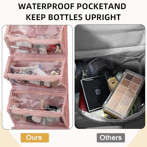 ROYALFAIR Roll Up Makeup Bag, Waterproof Toiletry Bag for Women, Hanging Travel Organizer bags with Jewelry Organizer Compartment, Extra Large 4 Clear TSA Approved Pouches Cosmetic Makeup (light red) - color: light red