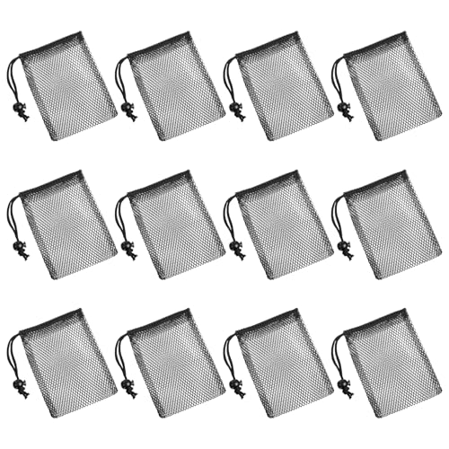 12Pack Mesh Bags Drawstring, Portable Nylon Storage Mesh Bags, Black Nylon Drawstring Bag for Travel Stuff, Beach Toys, Outdoor activities, Seashell Collecting (6 X 4 Inch)