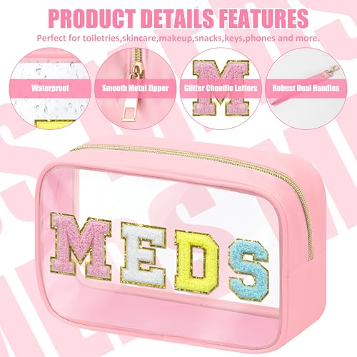 BuyCard 2 Pcs Medicine Chenille Letter Bag Preppy Clear Makeup Meds Pouch for Travel Nylon & PVC Transparent Cosmetic Bag Preppy Patch Toiletry Storage for Women Girls Pink - color: MEDS-Pink, style: 2 Pcs-clear