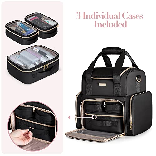 Large Cosmetic Bag with 3 Removable Case, Double Layer Travel Organizer with Inner Dividers and Makeup Brushes Storage Section, Black (Patented Design) - color: Black