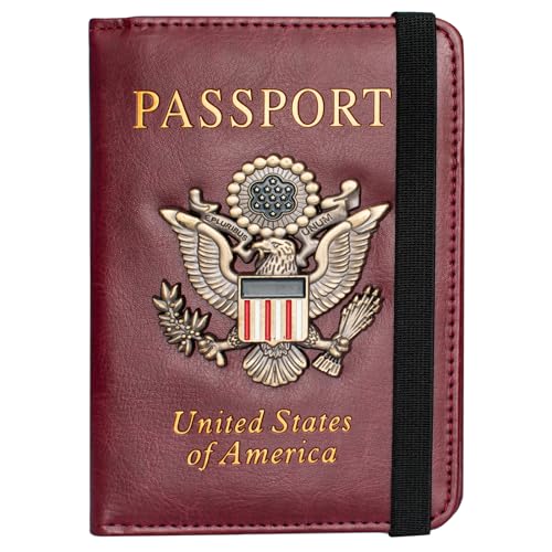 Passport Holder and Card Slot Combo RFID Blocking Leather Travel Passport Wallet for Men and Women US Passport Cover, Wine Red - color: Wine Red