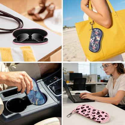 FINTIE Glasses Case with Carabiner, Ultra Light Portable Neoprene Zipper Sunglasses Soft Case - color: Pink Leopard
