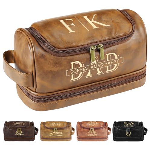 Personalized Toiletry Bag for Men, Engraved Name & Text, Father's Day Birthday Gifts for Men, Dad, Leather Men's Toiletry Bag for Traveling, Customized Gifts for Husband, Grandpa, Lover (LightBrown) - color: LIGHTBROWN