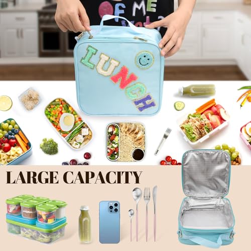 Insulated Lunch Bag With Adjustable Shoulder Strap, Nylon Preppy Lunch Box Large Insulated Lunch Bag Reusable Lunch Tote Bag with Smiley Preppy LunchBag for Girls School Travel Picnic (Blue) - color: Blue