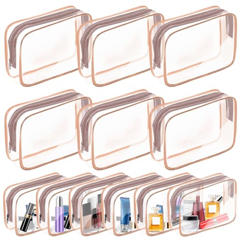 AURUZA Clear Makeup Bag,Portable Travel Toiletry Bags with Zipper, TSA Approved Clear Organizer Bags, PVC Cosmetic Pouch for Airport Airline Compliant - color: 12 Packs Pink
