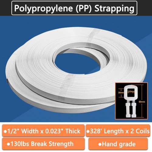 Hand Grade Polypropylene (PP) Strapping Coil 0.55" x 0.024" 130lbs Break Strength White Poly Strap 100pcs Plastic Buckles for Manual Packing Box Packing Strapping (Length328' x 2 Rolls) - size: Length328' x 2 Rolls
