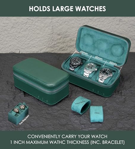 3 Watch Travel box Real Top-grain Leather, Three Watches Storage Organizer Roll Case for Man and Women, Watch Packing Box with Suede to Protection Zipper Fit All Watches Up to 60mm (3W-Z-GR) - color: 3W-Z-GRR