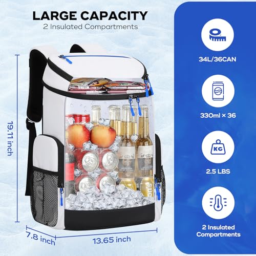 Maelstrom Backpack Cooler,36 Can Cooler Backpack,Soft Cooler Bag Insulated Leakproof,Lightweight Ice Chest Backpack,Travel Cooler Lunch Backpack for Camping,Hiking,Beach - color: White