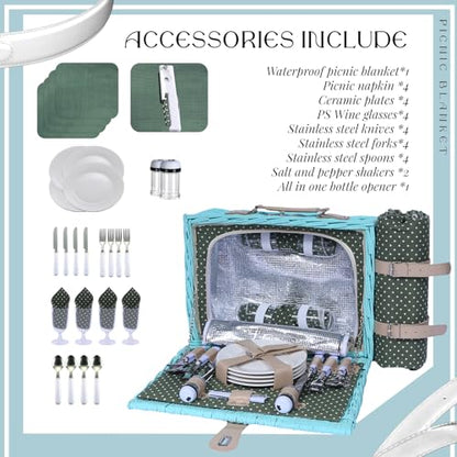 YPshuye Picnic Basket Set for 4 with Waterproof Blanket Mat Insulation Bag Wicker Blue Green Light Hawaiian Tropical Style Gift for Wedding Birthday Summer Camp Outdoor Camping Beach Travel Christmas - color: Green and White Dots