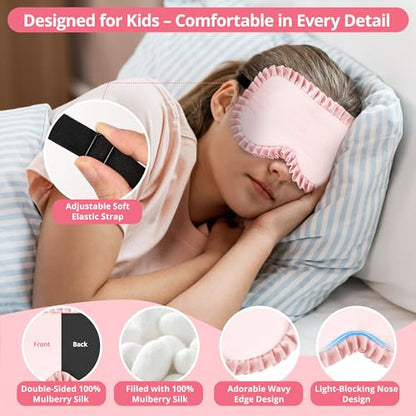 Kids Sleep Mask, 100% Real Mulberry Silk Eye Mask, Sleeping Mask for Kids with Adjustable Elastic Band, Soft & Light Blocking Eye Cover Gift for Boys Girls Teens Age 5+ (Pink) - color: Pink