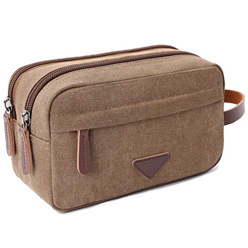 Mactso Men's Toiletry Bag, Vintage Canvas Leather Travel Dopp Kit with 2 Compartments, Heavy Duty Zipper, 9.5x5.5x4 Inch Retro Shaving Makeup Organizer for Business Travel Gym Camping (Coffee) - color: Coffee