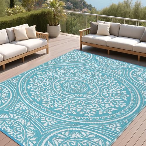 GarveeHome Waterproof Plastic Straw Rug 9x12 Reversible Outdoor Rug for Patio, Washable UV Resistant Durable Outdoor Carpet, Portable RV Camping Picnic Mat for Yard Garden Balcony, Blue - color: Flower Blue/White, size: 9' x 12' (Rectangular)