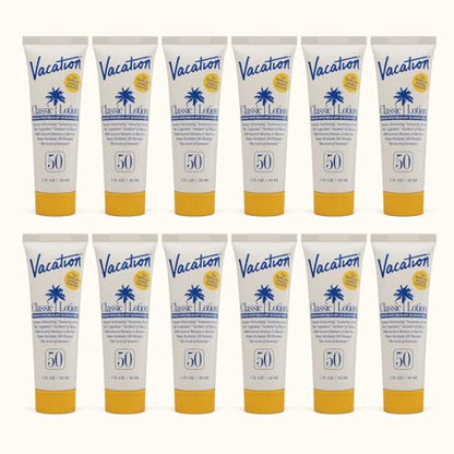 Vacation Mini Classic SPF 50 Sunscreen Lotion, 1 Fluid Ounce, Pack of 12 - Bulk Sunscreen, Invisible, No White Cast, Water-Resistant, Travel Size, Dermatologist-Tested, Vegan - size: 1 Fl Oz (Pack of 12), style: SPF 50