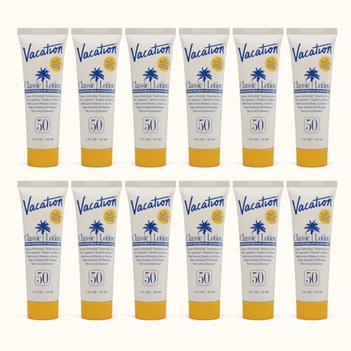 Vacation Mini Classic SPF 50 Sunscreen Lotion, 1 Fluid Ounce, Pack of 12 - Bulk Sunscreen, Invisible, No White Cast, Water-Resistant, Travel Size, Dermatologist-Tested, Vegan - size: 1 Fl Oz (Pack of 12), style: SPF 50