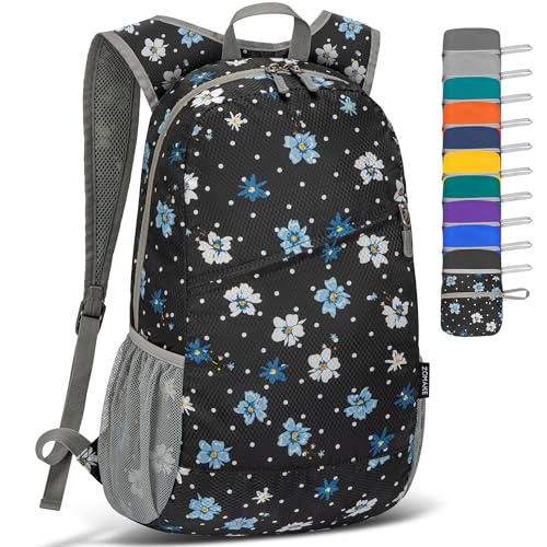 ZOMAKE Lightweight Packable Backpack,Foldable Backpacks Small Daypack for Hiking Water Resistant Day Bag for Travel(Black,Floral pattern) - color: Black,floral Pattern, size: 20 L