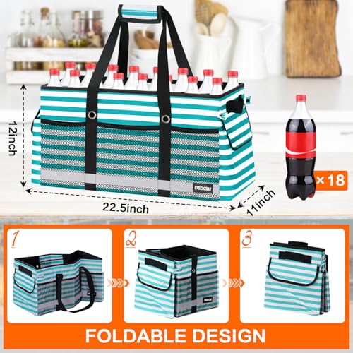Extra Large Utility Tote Bag with Reflective Strip, Standing Reusable Grocery Bags with Hard Bottom, Collapsible Utility Tote with Handles for Shopping, Beach, Picnics, Car, Striped Green - color: Striped Green