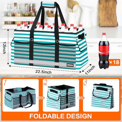 Extra Large Utility Tote Bag with Reflective Strip, Standing Reusable Grocery Bags with Hard Bottom, Collapsible Utility Tote with Handles for Shopping, Beach, Picnics, Car, Striped Green - color: Striped Green