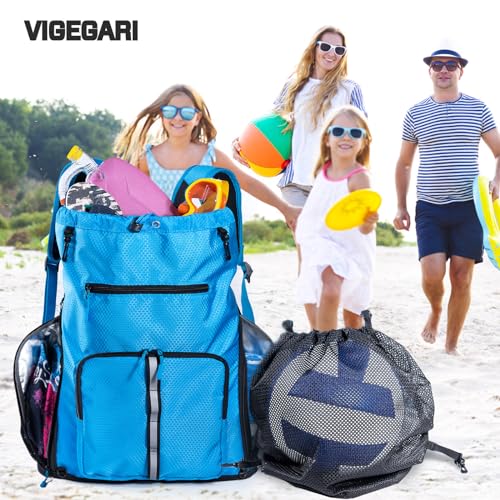 Large Beach Backpack Waterproof Sandproof - Customized Oversized Drawstring Pool Bag with Shoe Compartment for Toiletries, Towels, Gym, Travel - color: Blue