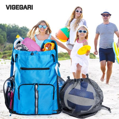 Large Beach Backpack Waterproof Sandproof - Customized Oversized Drawstring Pool Bag with Shoe Compartment for Toiletries, Towels, Gym, Travel - color: Blue