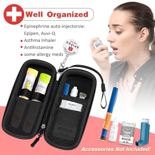 MEDMAX Epipen Carrying Case with Medical Alert Tag, Hard Shell Shock Absorption Travel Medication Organizer Bag Emergency Medical Pouch Holds 2 EpiPens, Asthma Inhaler, Auvi-Q, Allergy Essentials, Red