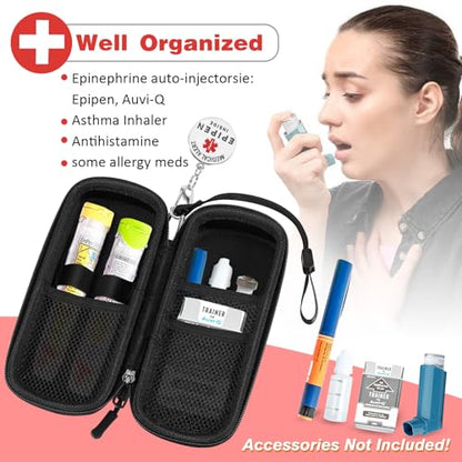 MEDMAX Epipen Carrying Case with Medical Alert Tag, Hard Shell Shock Absorption Travel Medication Organizer Bag Emergency Medical Pouch Holds 2 EpiPens, Asthma Inhaler, Auvi-Q, Allergy Essentials, Red