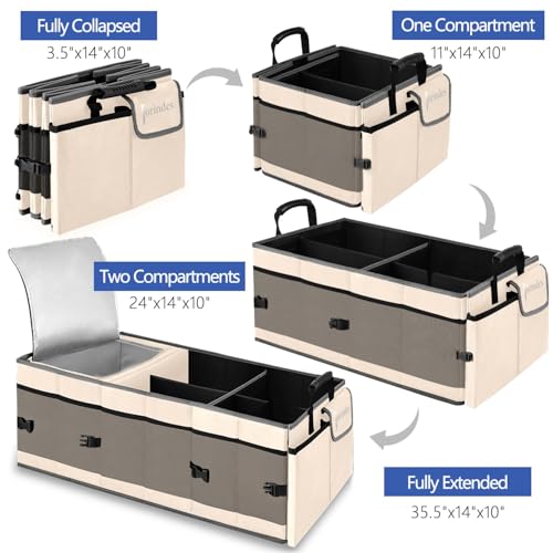 Trunk Organizer with Built-in Insulated Leak Proof Cooler Bag,Collapsible Cargo Organizer for SUV with Non Slip Bottom Strips,3 Large Compartments Foldable Waterproof Portable Car Storage Box - color: Khaki with Cooler Bag