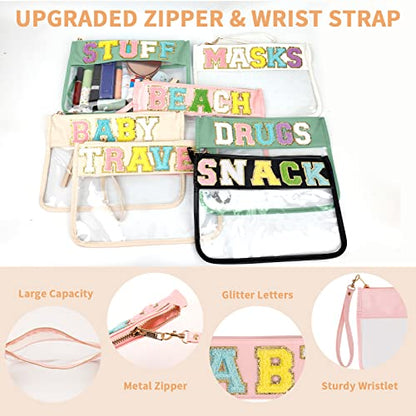 Iqimott Chenille Letter Clear Bag Baby Pouch, Monogram PVC & PU Makeup Cosmetic Bag Zipper Toiletry Pouch, Portable Travel Beach Snack Wristlet Bags for Women Girls(Baby, Pink) - color: Baby-Pink
