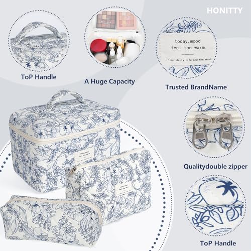 honitty Makeup Bag,Quilted Cosmetic Bags,Large Floral Make Up Organize bag,Makeup Bag Set for Women,Flower Travel Toiletry Bag - color: Blue
