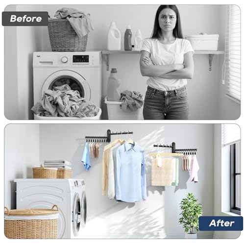 Wall Mounted Drying Rack, 2-Tier Laundry Drying Rack with Swing Arm, Space-Saving Foldable Laundry Clothes Hanger with 10 Clips for Laundry Room Closet Organizer Bathroom Bedroom (2 Pack) - size: 2 Pack