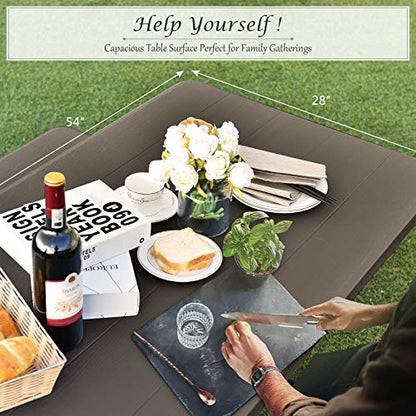 Giantex Picnic Bench Set Outdoor Camping All Weather Metal Base Wood-Like Texture Backyard Poolside Dining Party Garden Lawn Deck Large Picnic Tables for Adult (Black) - color: Black