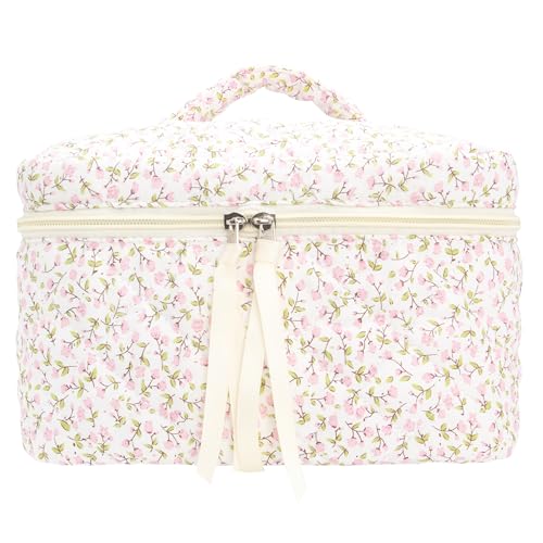Quilted Makeup Bag Large Travel Zipper Soft Cosmetic Case for Women Girls Make Up,Floral Pink - color: Floral Pink, size: 1 PCS Bag