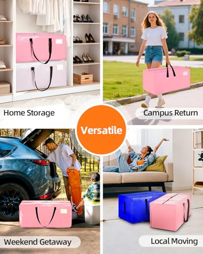 6 Pack Extra Large Moving Bags, Heavy Duty Packing Bags with Zippers and Handles for Space Saving, Clothes Storage, College Essentials, Travel, Pink