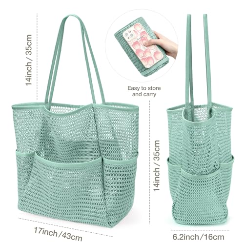 KPX Beach Bag with Mini Pocket, Summer Beach Tote Bags for Women Large Foldable Mesh Swimming Pool Travel Bags - Sandproof - color: Ash Green