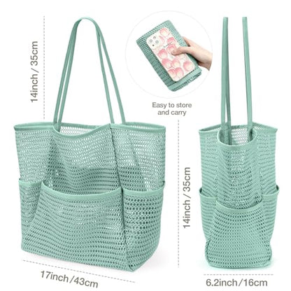 KPX Beach Bag with Mini Pocket, Summer Beach Tote Bags for Women Large Foldable Mesh Swimming Pool Travel Bags - Sandproof - color: Ash Green