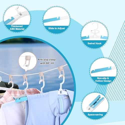 6 Pack Fodable Travel Hangers with Clips & Adjustable Clothesline, Portable Collapsible Hangers with Storage Bag for Suitcase, Hotel, RV, Cruise Essentials Set (Blue) - color: Blue