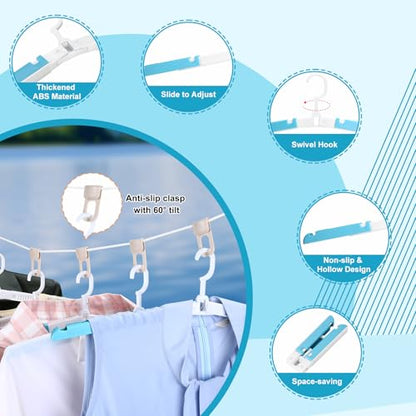 6 Pack Fodable Travel Hangers with Clips & Adjustable Clothesline, Portable Collapsible Hangers with Storage Bag for Suitcase, Hotel, RV, Cruise Essentials Set (Blue) - color: Blue