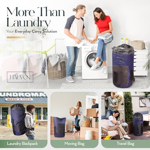 HAEVON Laundry Backpack - 131L Heavy Duty Laundry Bag with Padded Shoulder & Waist Straps, Removable Liner - College, Dorm, Apartment, Travel, Outdoor - Big Laundry Bag for Easy Carrying (Blue Black) - color: Navy Blue and Black