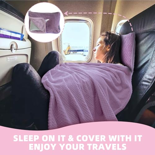 3 in 1 Travel Blanket Pillow Set - 350 GSM Thick Travel Blanket Airplane Compact with Bag, Soft Bag with a Pocket, Inflatable Travel Pillow for Camping & Car Trip (Violet) - color: Violet