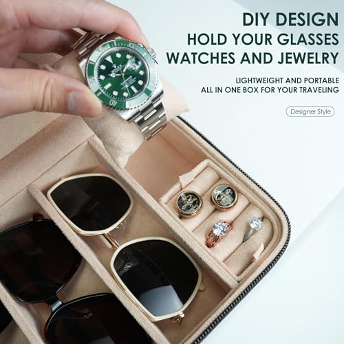 4 Slot Sunglasses Travel Case, Real Leather Eyeglasses Storage Box, DIY Organizer Glasses/Jewelry/Watch Display Case for Women Men (4 slot_Black Leather) - color: 4 slot_Black Leather