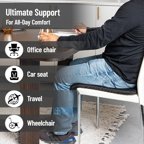 Mind Reader Seat Cushion with Gel Core, Ergonomic Pressure Relief for Tailbone, Hip, Coccyx & Sciatica Pain, Office, Car, Wheelchair, Black